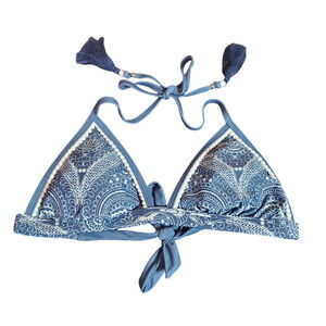 🔥 VENUS Blue Paisley Padded Pompom Detail Bikini Top NWOT 34C Women's Tassel